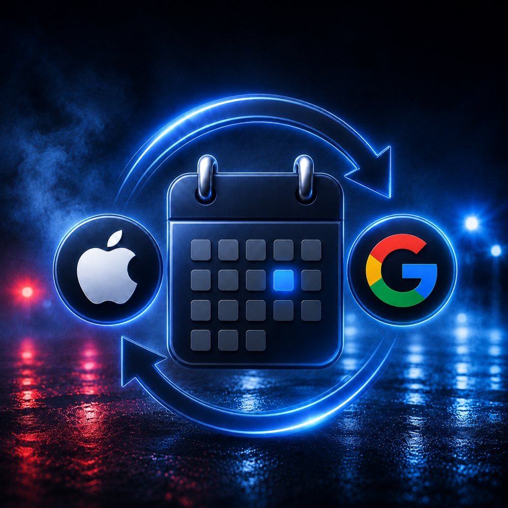 A shift calendar syncing both directions between Apple and Google, over wet pavement lit by red and blue emergency lights.