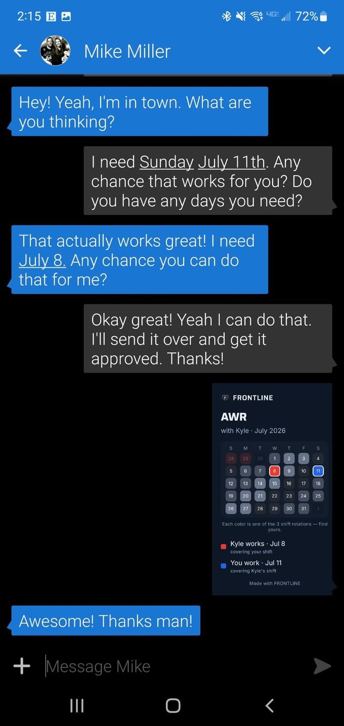 A text message thread sending the Frontline AWR share card to a coworker named Mike.