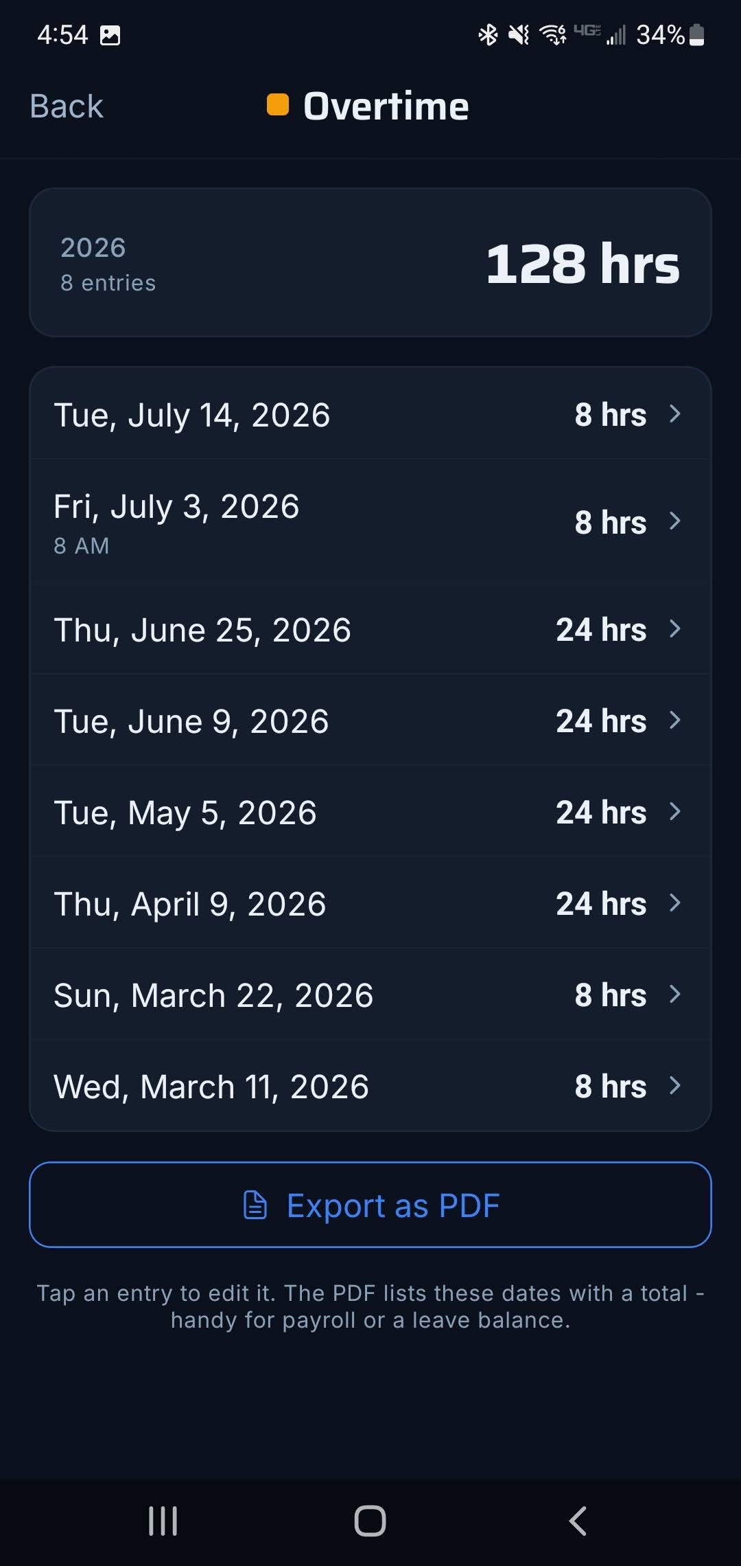 Frontline Overtime detail screen: 128 hours across 8 dated entries for 2026, with Export as PDF.