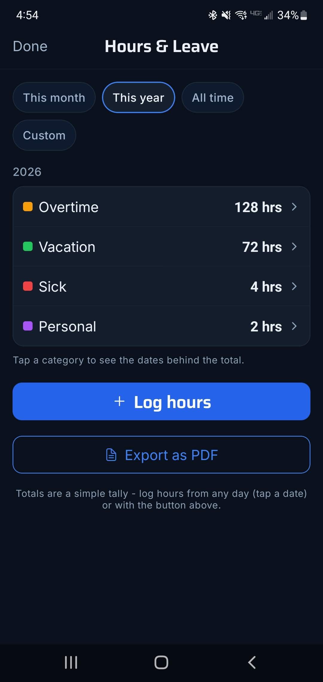 Frontline Hours & Leave screen: yearly totals for Overtime, Vacation, Sick, and Personal, with Log hours and Export as PDF buttons.