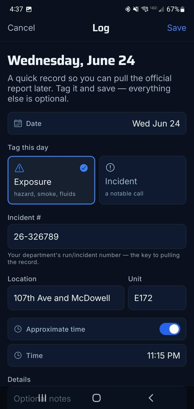 The Frontline Log screen tagging a day as an Exposure, with fields for incident number, location, unit, and time.