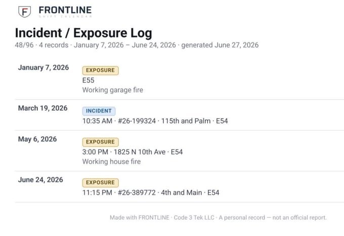 A printable Frontline Incident / Exposure Log PDF listing dated entries with run numbers, locations, and units, footed 'a personal record - not an official report.'