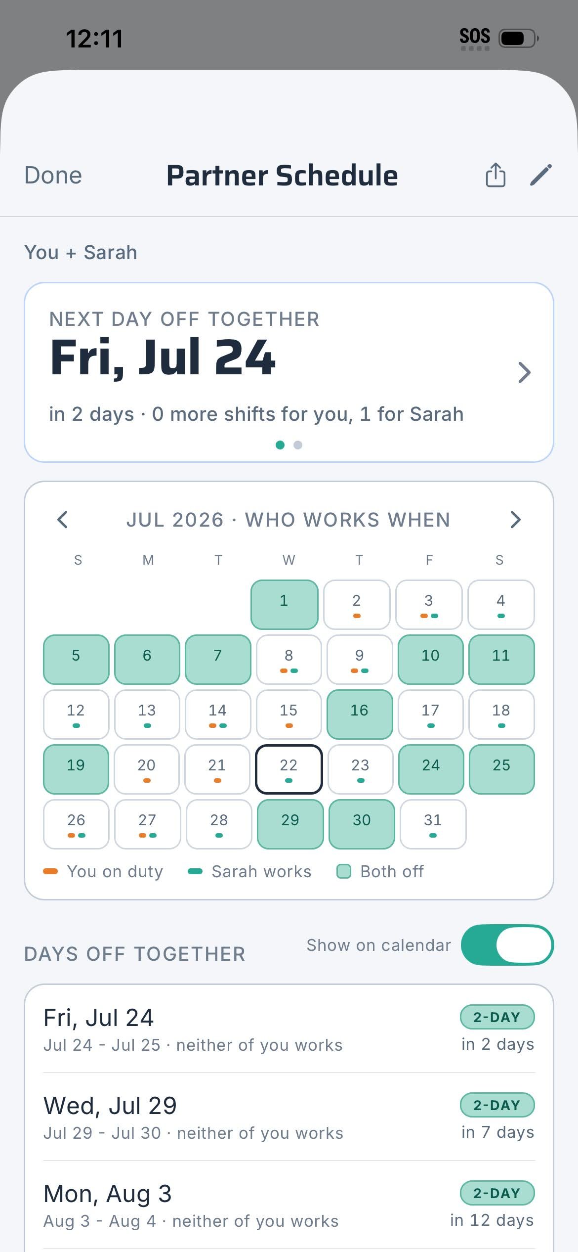 Frontline Partner Schedule in light mode: the next day off together highlighted as Fri, Jul 24, a month grid showing who works when, and a list of upcoming shared days off.