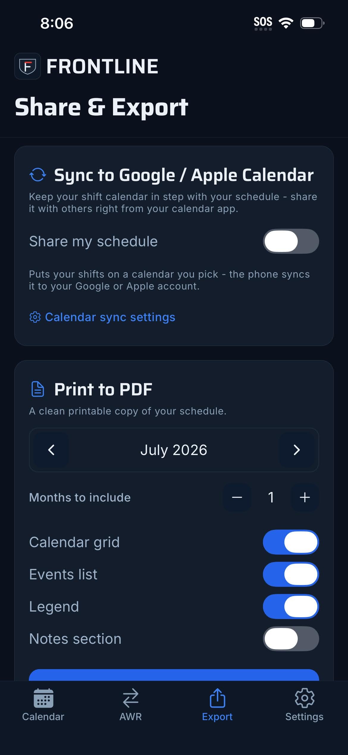 Frontline Share & Export screen: the Sync to Google / Apple Calendar card with the Share my schedule switch, above Print to PDF options.