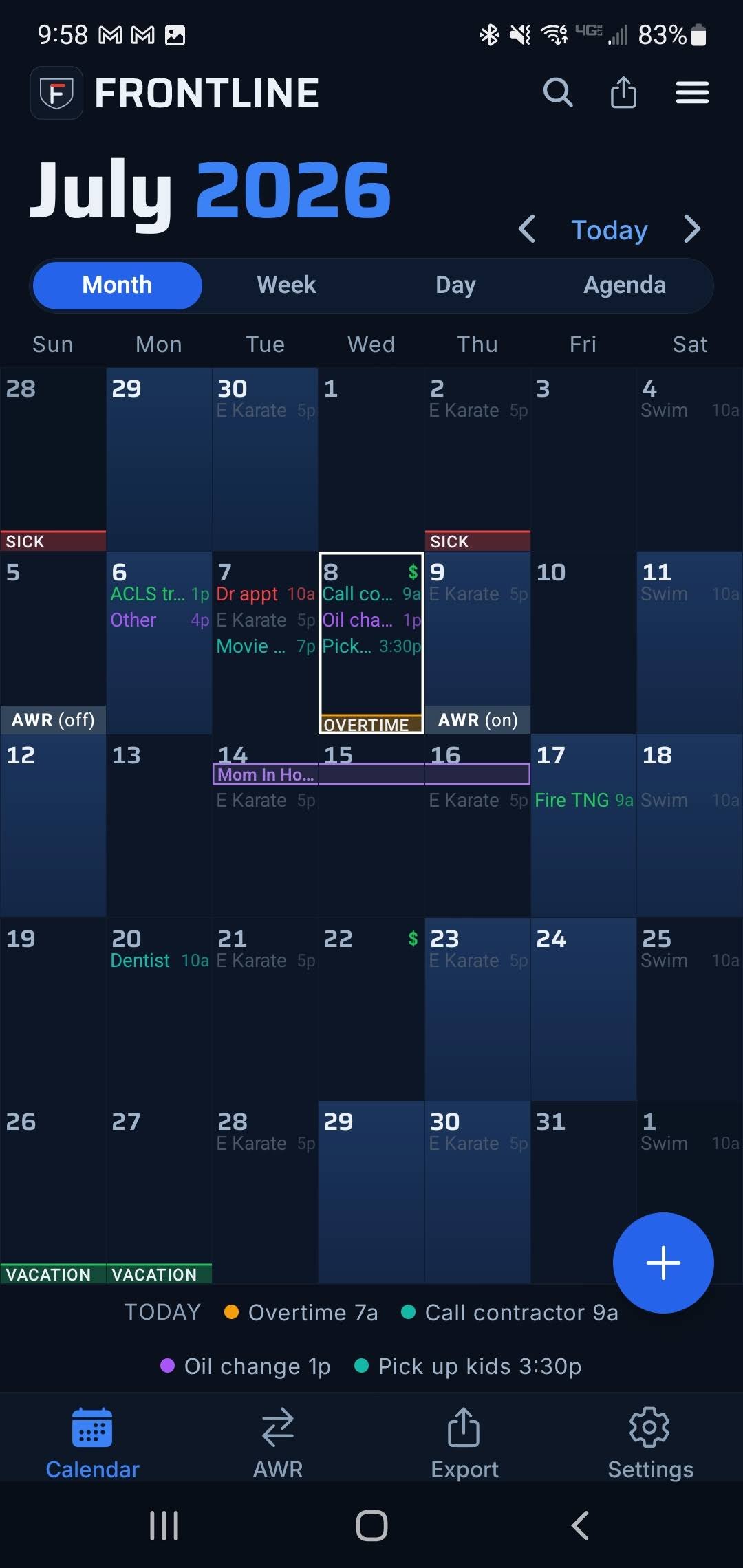 Frontline month calendar for July 2026 with the Month, Week, Day and Agenda view switcher, color-coded shifts and events, and a ring on today.