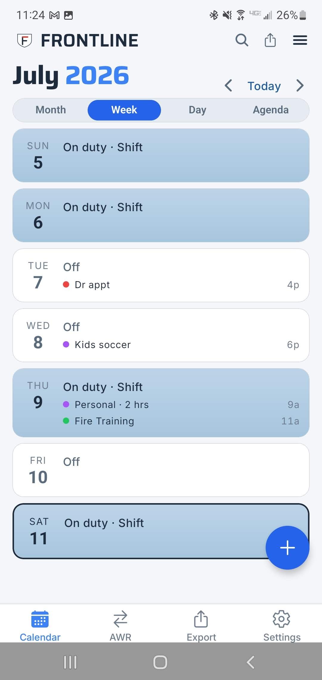Frontline Week view in light mode: each day as a card showing on-duty or off, with events listed under each day.