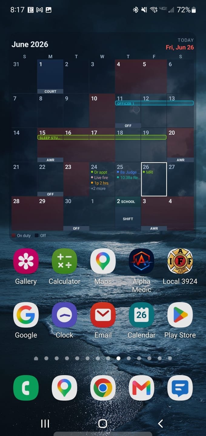 The Frontline large month widget on an Android home screen, showing June 2026 with on-duty days and trades.