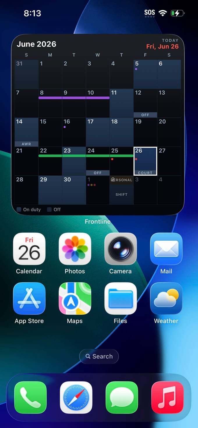 The Frontline large month widget on an iPhone home screen, showing June 2026 with today ringed.