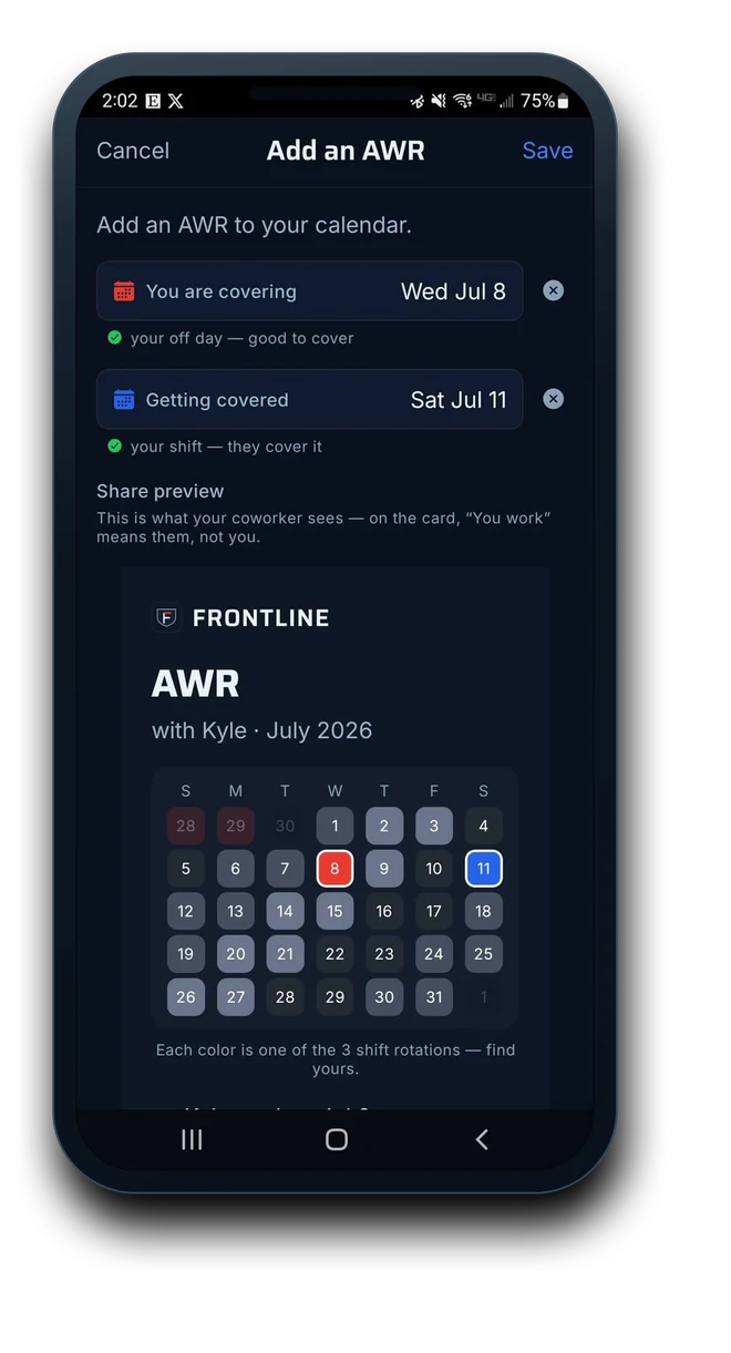 Frontline Add an AWR screen: choosing the day you're covering and the day you're getting covered, with a live share-card preview.