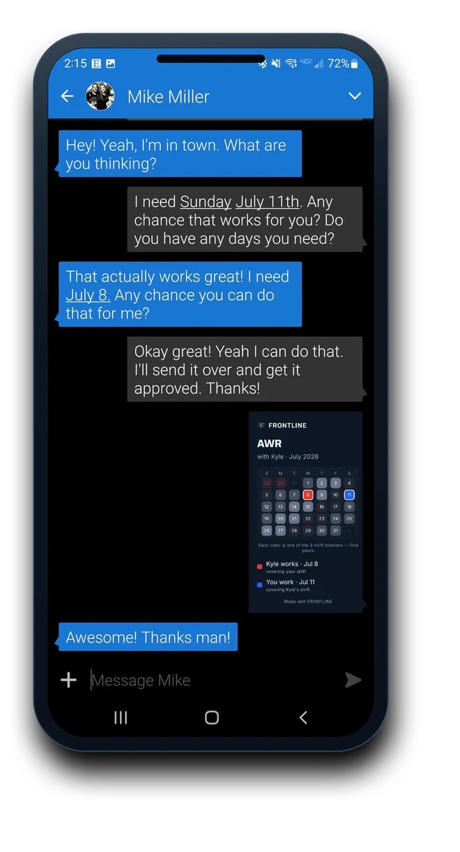A text message thread sending the Frontline AWR share card to a coworker named Mike.