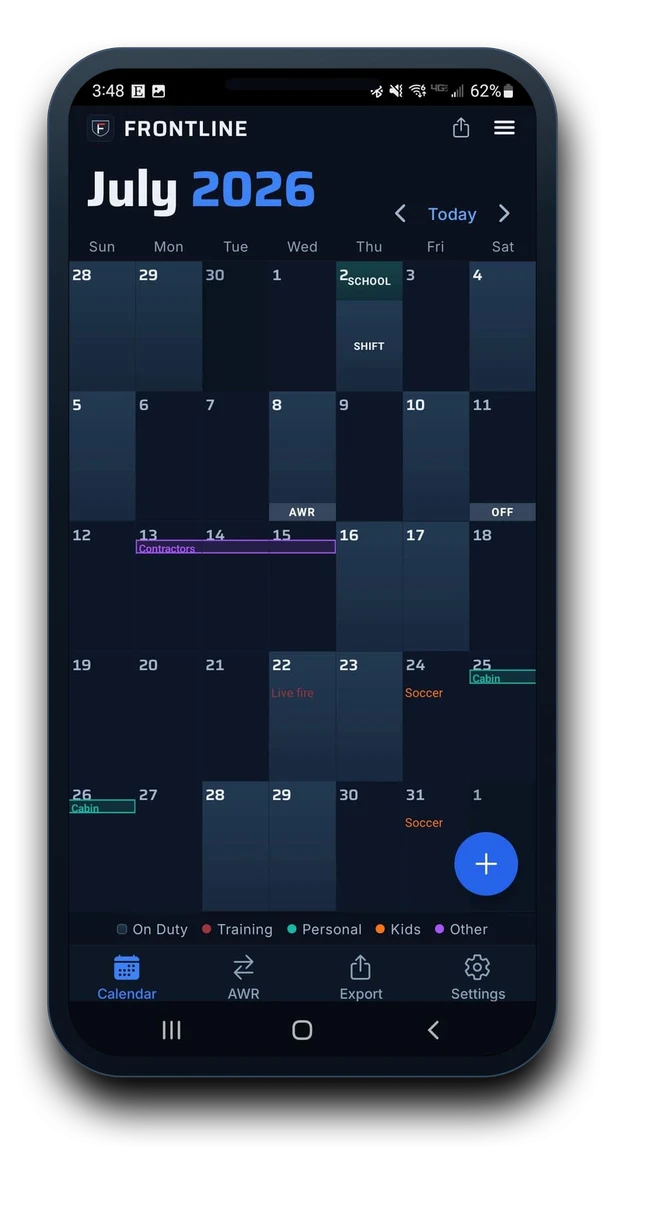 Frontline month calendar for July 2026 on a phone: color-coded shifts and events, trades marked, and a ring on today.