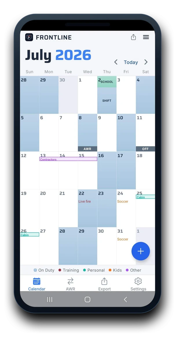 Frontline month calendar in light mode, the same July 2026 schedule.