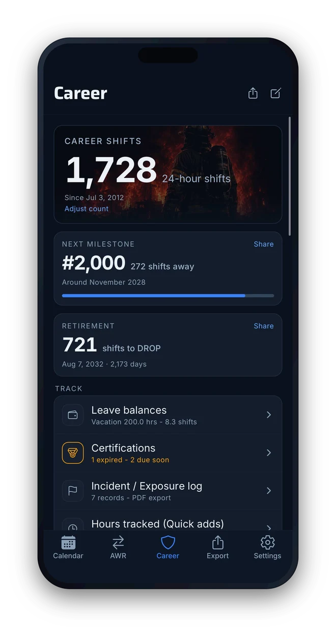 Frontline Career tab: 1,728 career shifts counted since 2012, the #2,000 milestone 272 shifts away, and a retirement countdown of 721 shifts to DROP, above leave balances, certifications, and the incident log.