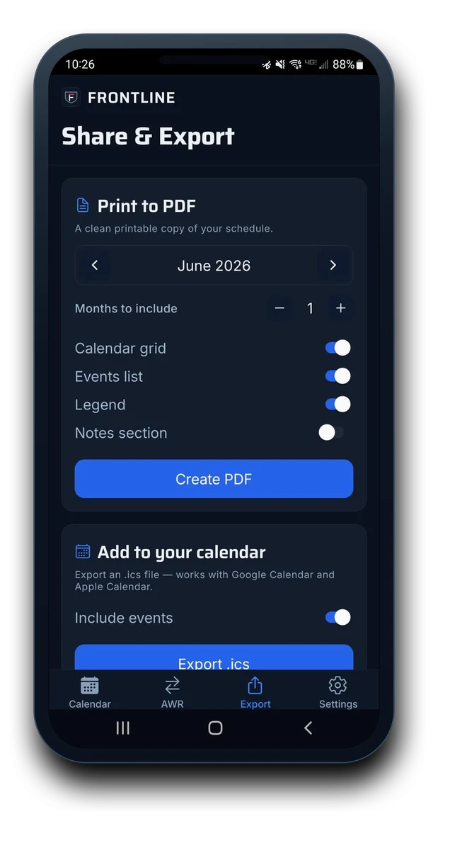 Frontline Share & Export screen: the Sync to Google / Apple Calendar card with the Share my schedule switch, above Print to PDF options.
