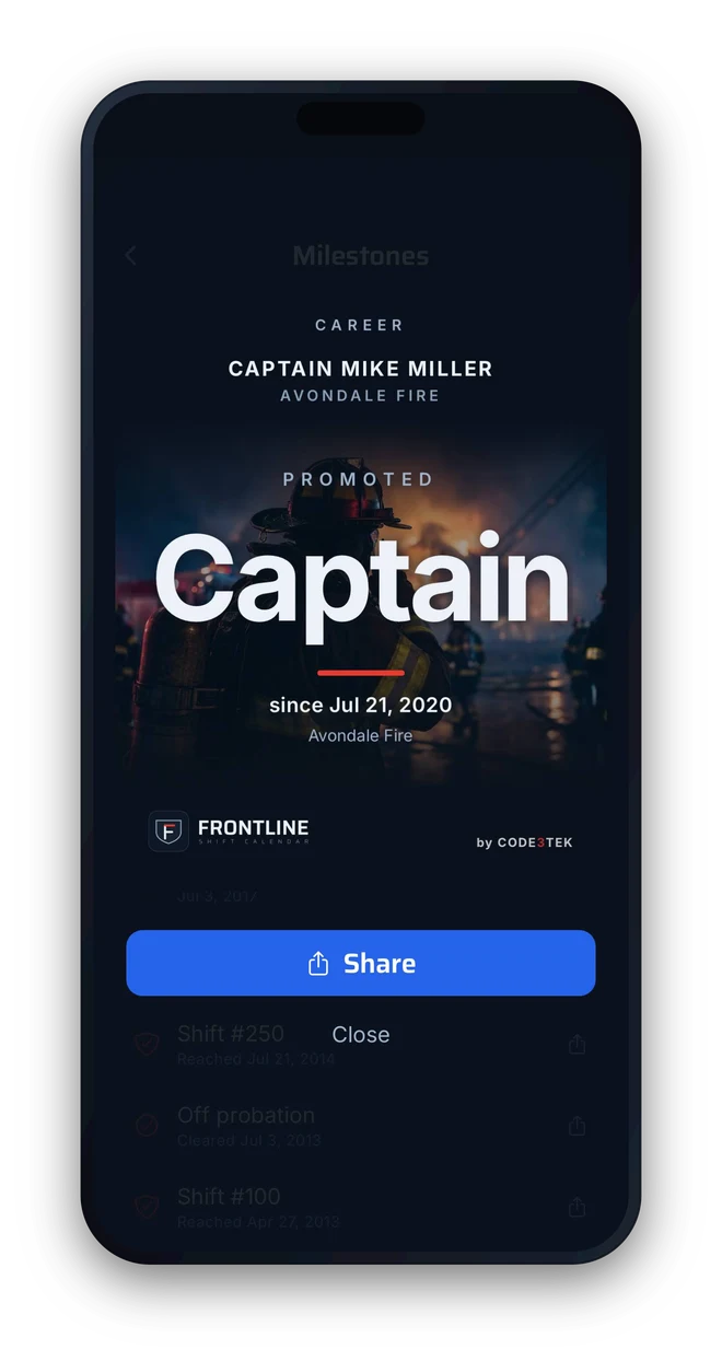 A Frontline milestone share card reading Promoted Captain with the member name and department, ready to share.