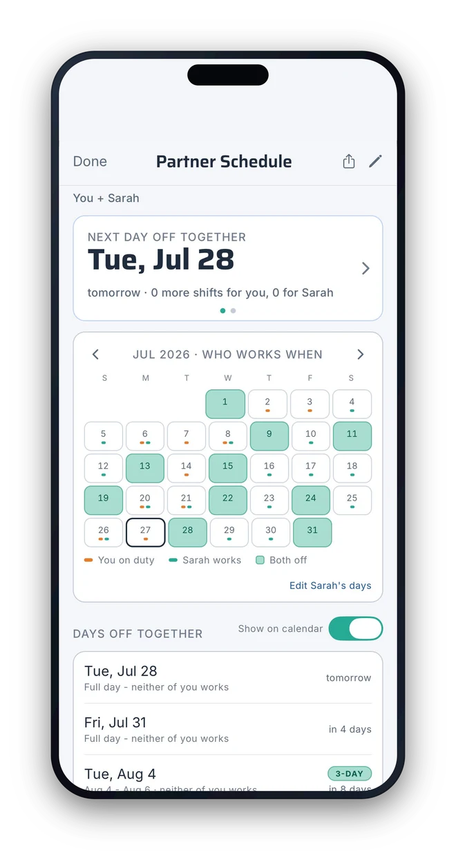 Frontline Partner Schedule in light mode: the next day off together highlighted, a month grid showing who works when, and a list of upcoming shared days off.