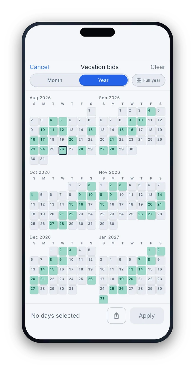 Frontline vacation bids in light mode: six months of the year with off-duty days highlighted, ready to select vacation days and apply them to the calendar.