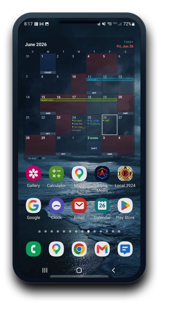 The Frontline large month widget on an Android home screen, showing June 2026 with on-duty days and trades.