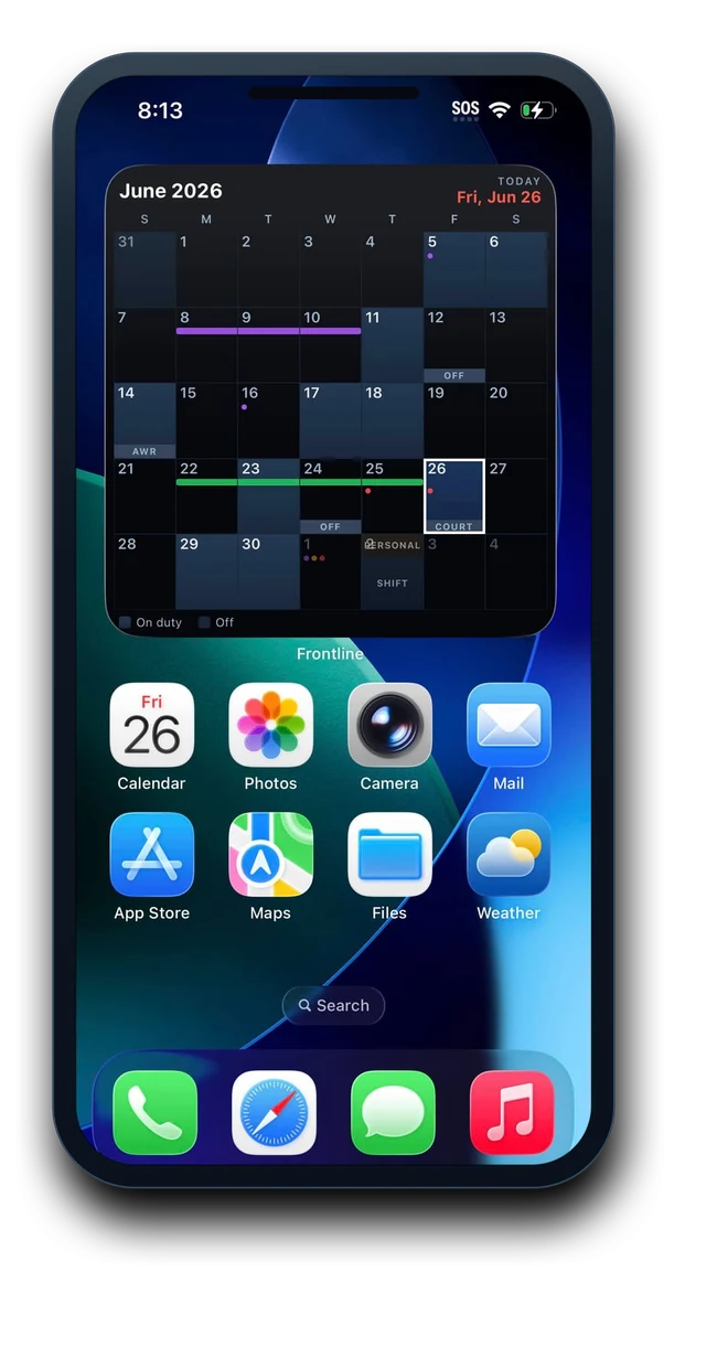 The Frontline large month widget on an iPhone home screen, showing June 2026 with today ringed.